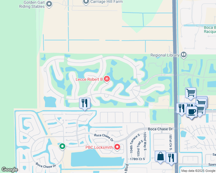 map of restaurants, bars, coffee shops, grocery stores, and more near 17776 Southwick Way in Boca Raton