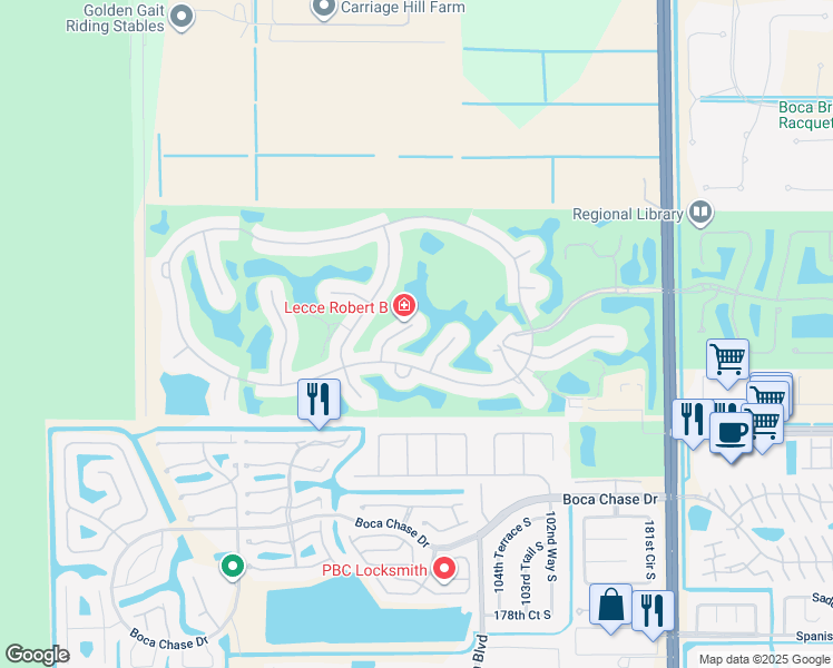 map of restaurants, bars, coffee shops, grocery stores, and more near 17776 Southwick Way in Boca Raton