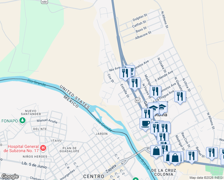 map of restaurants, bars, coffee shops, grocery stores, and more near 1508 Guerra Avenue in Roma