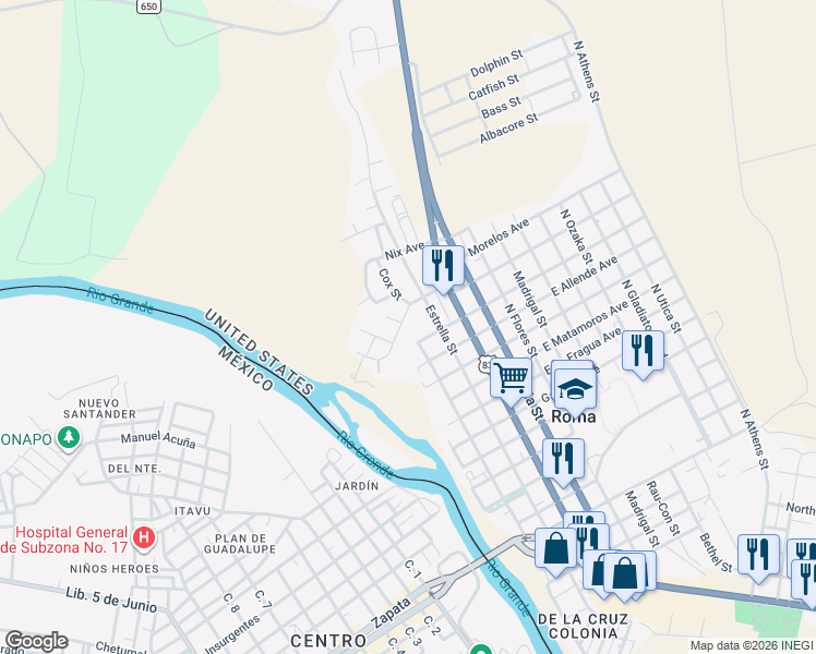 map of restaurants, bars, coffee shops, grocery stores, and more near 1508 Guerra Avenue in Roma