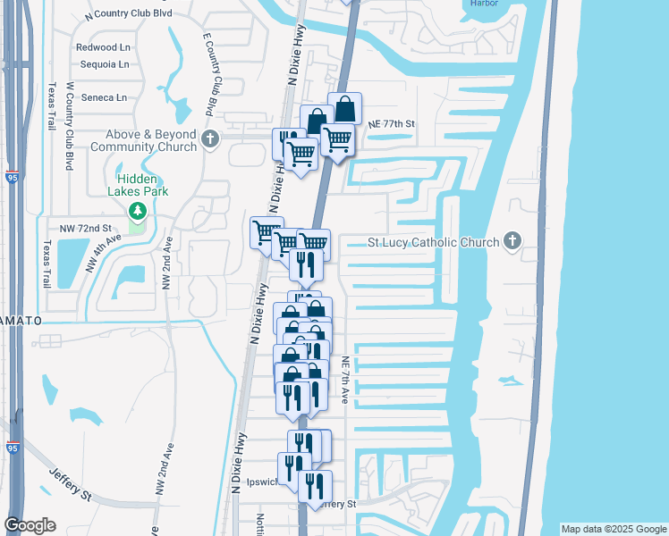 map of restaurants, bars, coffee shops, grocery stores, and more near 698 Northeast 70th Street in Boca Raton