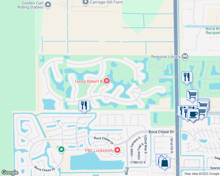 map of restaurants, bars, coffee shops, grocery stores, and more near 17776 Southwick Way in Boca Raton