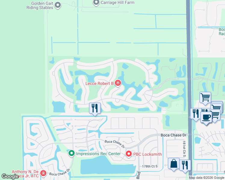 map of restaurants, bars, coffee shops, grocery stores, and more near 17825 Southwick Way in Boca Raton