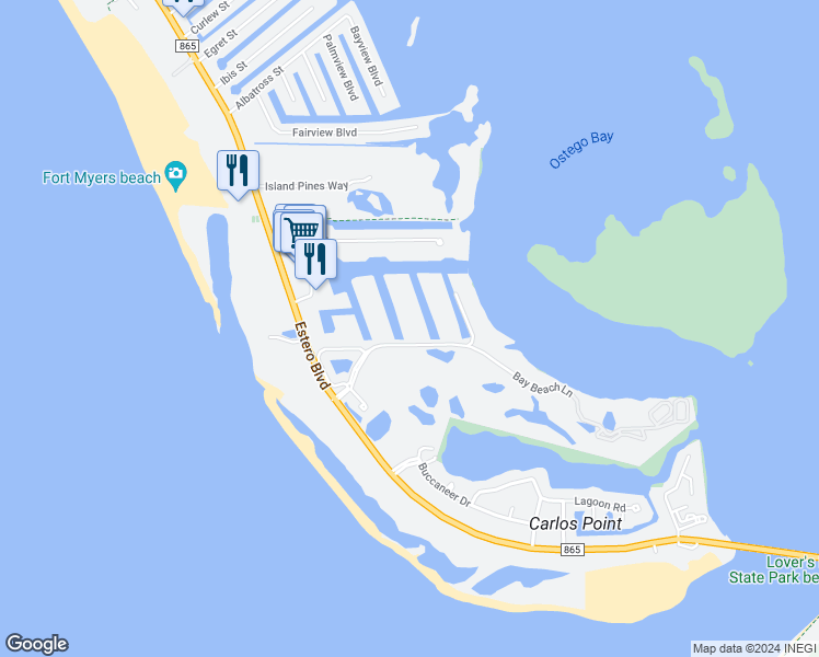 map of restaurants, bars, coffee shops, grocery stores, and more near 4491 Bay Beach Lane in Fort Myers Beach