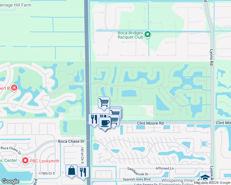 map of restaurants, bars, coffee shops, grocery stores, and more near 17928 Villa Club Way in Boca Raton
