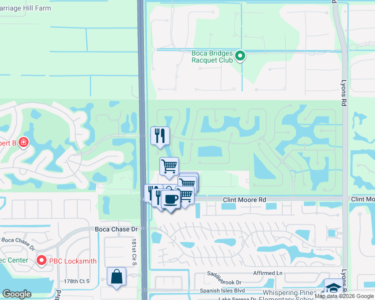 map of restaurants, bars, coffee shops, grocery stores, and more near 17928 Villa Club Way in Boca Raton