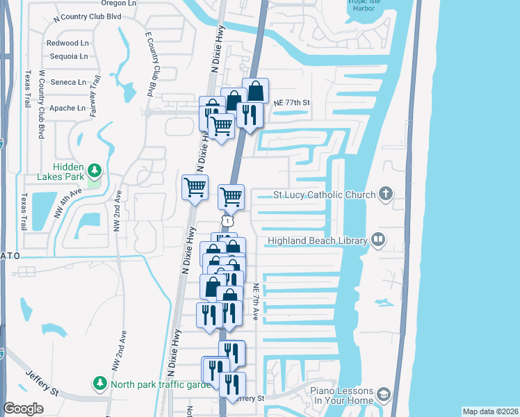map of restaurants, bars, coffee shops, grocery stores, and more near 698 Northeast 70th Street in Boca Raton