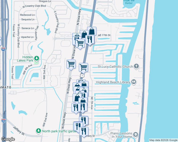 map of restaurants, bars, coffee shops, grocery stores, and more near 698 Northeast 70th Street in Boca Raton