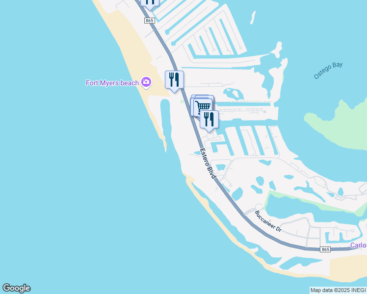 map of restaurants, bars, coffee shops, grocery stores, and more near 7300 Estero Boulevard in Fort Myers Beach