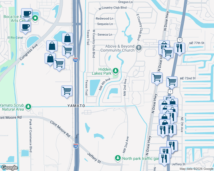 map of restaurants, bars, coffee shops, grocery stores, and more near 7034 Northwest 3rd Avenue in Boca Raton