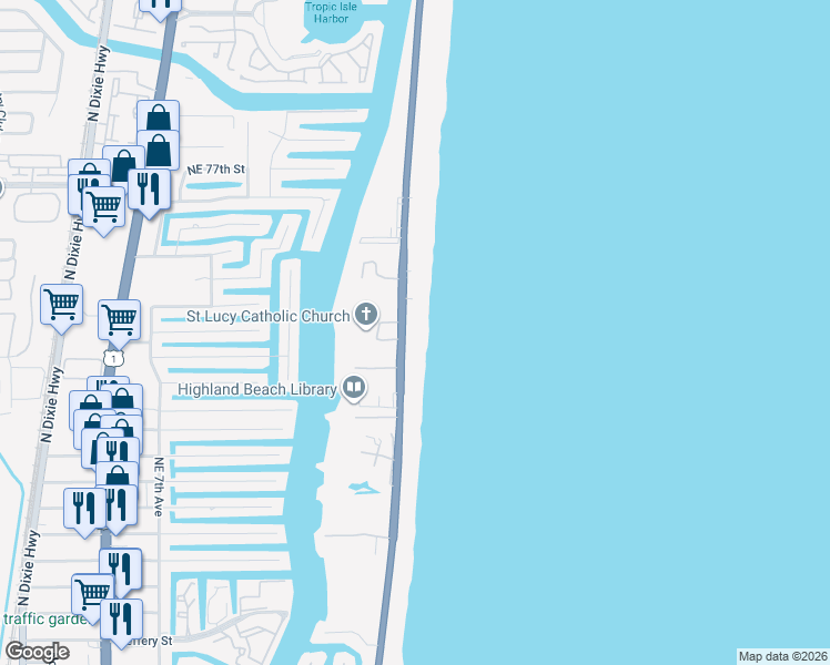 map of restaurants, bars, coffee shops, grocery stores, and more near 3505 South Ocean Boulevard in Highland Beach