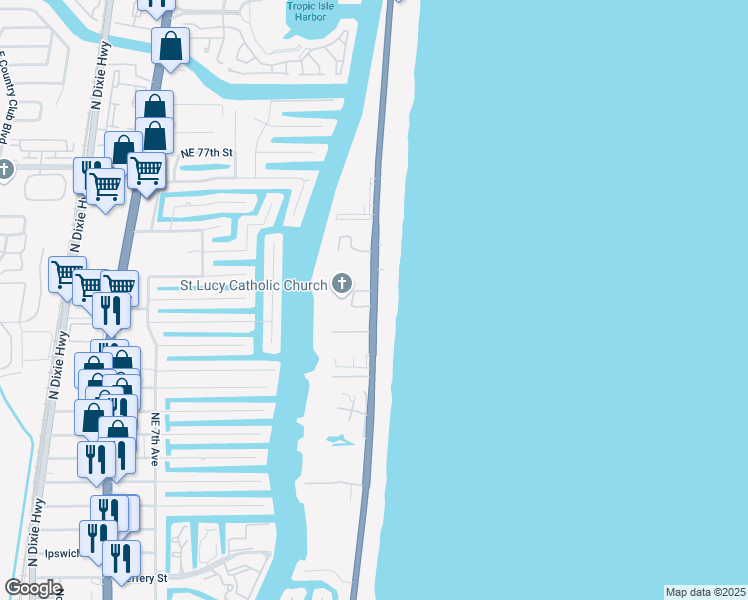 map of restaurants, bars, coffee shops, grocery stores, and more near 3594 South Ocean Boulevard in Highland Beach