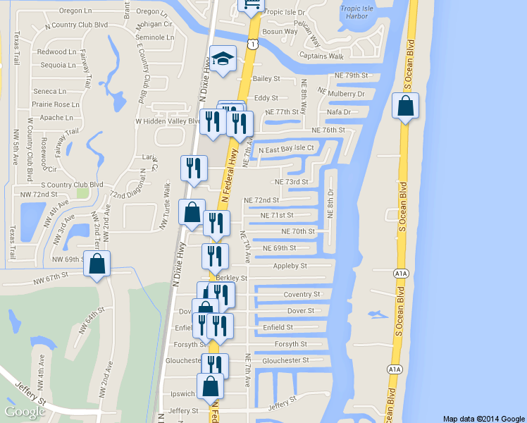 map of restaurants, bars, coffee shops, grocery stores, and more near 759 Northeast 72nd Street in Boca Raton