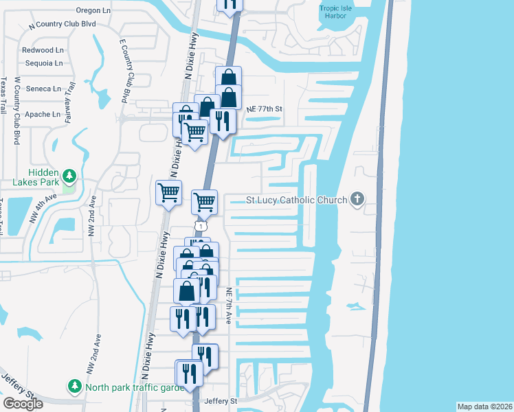 map of restaurants, bars, coffee shops, grocery stores, and more near 759 Northeast 72nd Street in Boca Raton