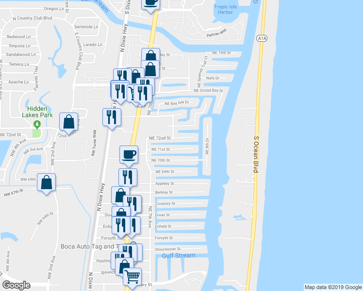 map of restaurants, bars, coffee shops, grocery stores, and more near 816 Northeast 72nd Street in Boca Raton