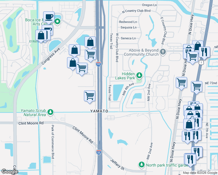 map of restaurants, bars, coffee shops, grocery stores, and more near 480 Northwest 72nd Street in Boca Raton