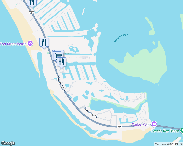 map of restaurants, bars, coffee shops, grocery stores, and more near 4355 Bay Beach Lane in Fort Myers Beach
