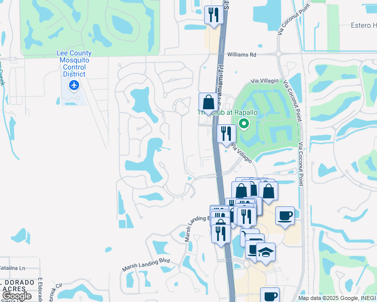 map of restaurants, bars, coffee shops, grocery stores, and more near 22220 Fountain Lakes Boulevard in Estero