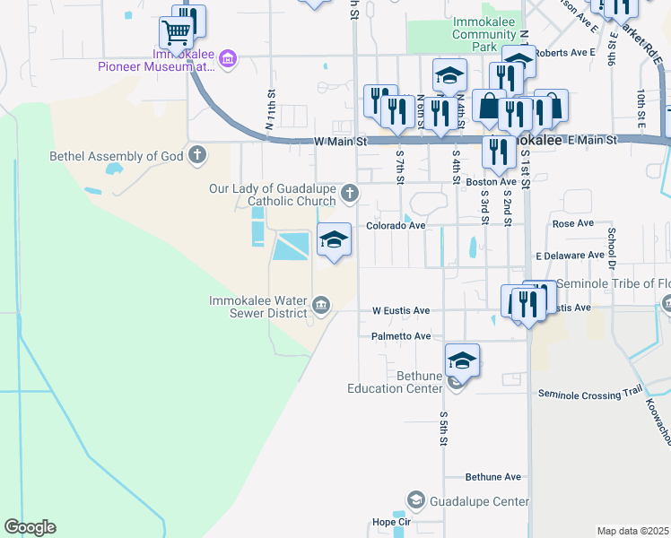 map of restaurants, bars, coffee shops, grocery stores, and more near 313 South 9th Street in Immokalee
