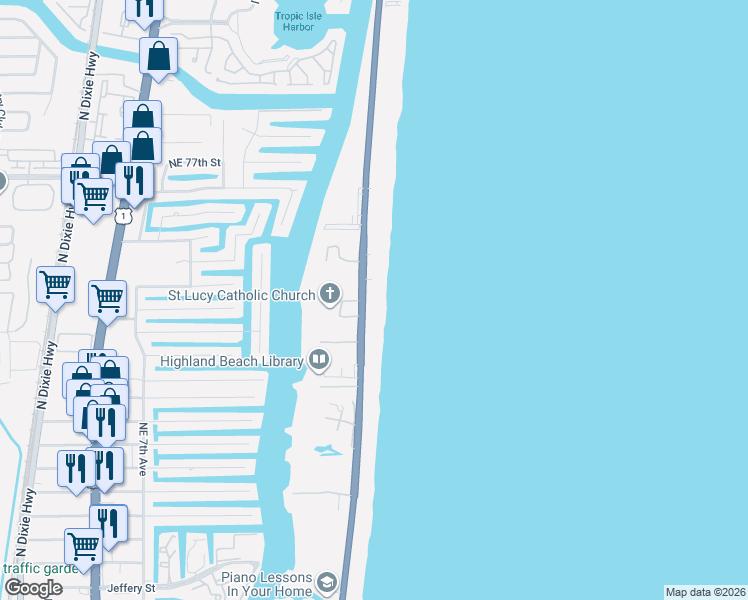 map of restaurants, bars, coffee shops, grocery stores, and more near 3419 South Ocean Boulevard in Highland Beach