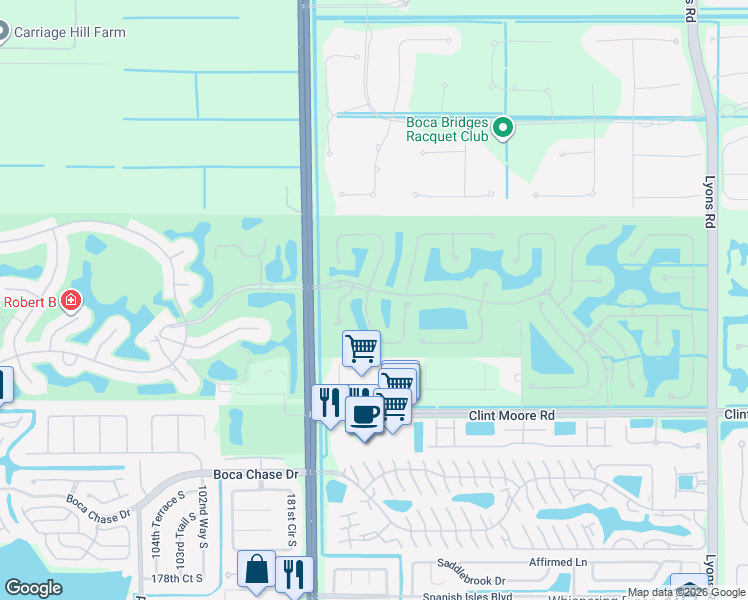map of restaurants, bars, coffee shops, grocery stores, and more near 17529 Middlebrook Way in Boca Raton