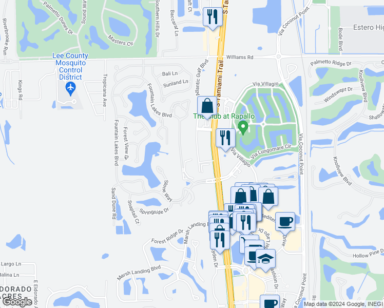 map of restaurants, bars, coffee shops, grocery stores, and more near 22240 Fountain Lakes Boulevard in Estero