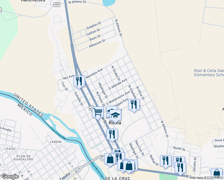 map of restaurants, bars, coffee shops, grocery stores, and more near 401 East Allende Avenue in Roma
