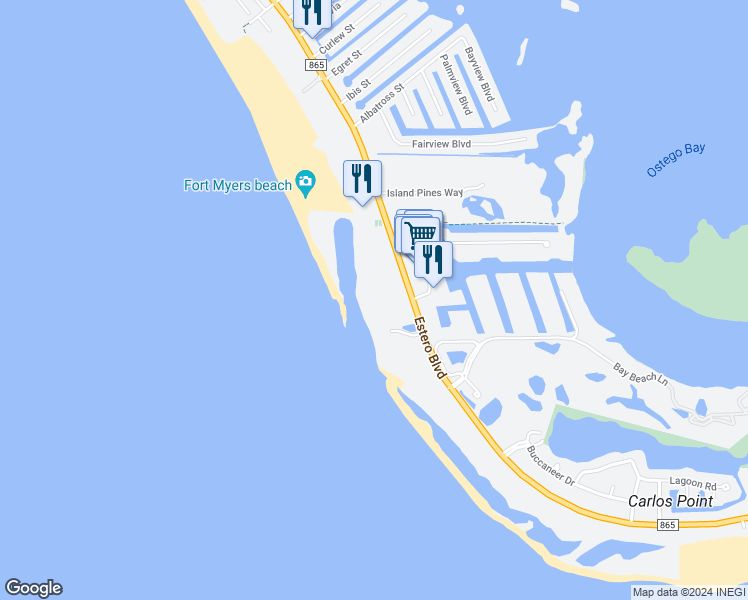 map of restaurants, bars, coffee shops, grocery stores, and more near 7150 Estero Boulevard in Fort Myers Beach