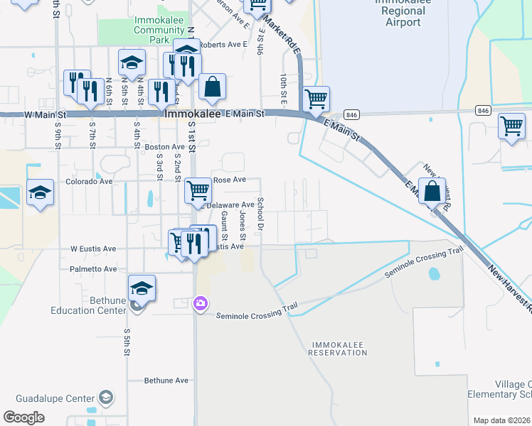 map of restaurants, bars, coffee shops, grocery stores, and more near 316 School Drive in Immokalee
