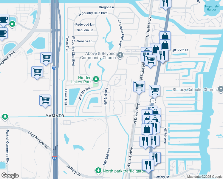 map of restaurants, bars, coffee shops, grocery stores, and more near 121 Northwest 72nd Diagonal in Boca Raton