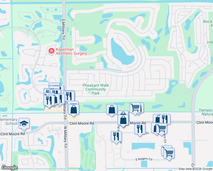 map of restaurants, bars, coffee shops, grocery stores, and more near 17733 Crooked Oak Avenue in Boca Raton
