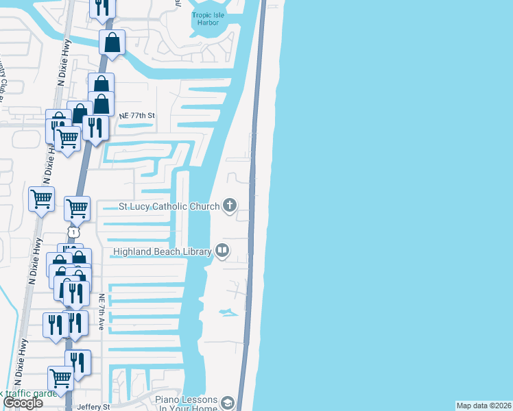 map of restaurants, bars, coffee shops, grocery stores, and more near 3419 South Ocean Boulevard in Highland Beach