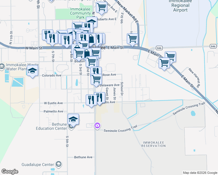 map of restaurants, bars, coffee shops, grocery stores, and more near 401 Gaunt Street in Immokalee