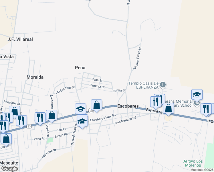 map of restaurants, bars, coffee shops, grocery stores, and more near 3292 Pena Street in Roma