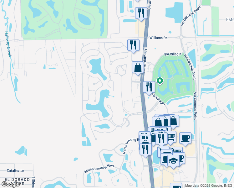map of restaurants, bars, coffee shops, grocery stores, and more near 22241 Fountain Lakes Boulevard in Estero