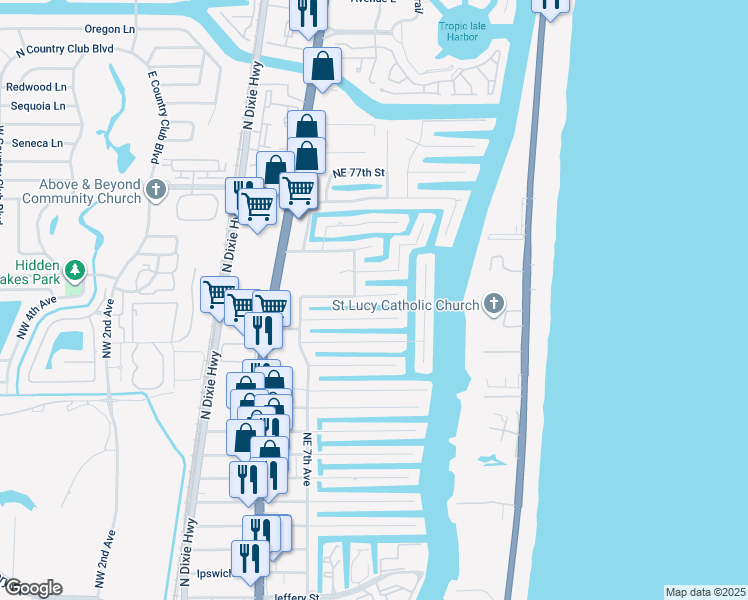 map of restaurants, bars, coffee shops, grocery stores, and more near 816 Northeast 72nd Street in Boca Raton