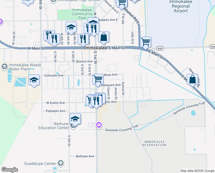 map of restaurants, bars, coffee shops, grocery stores, and more near 401 Gaunt Street in Immokalee