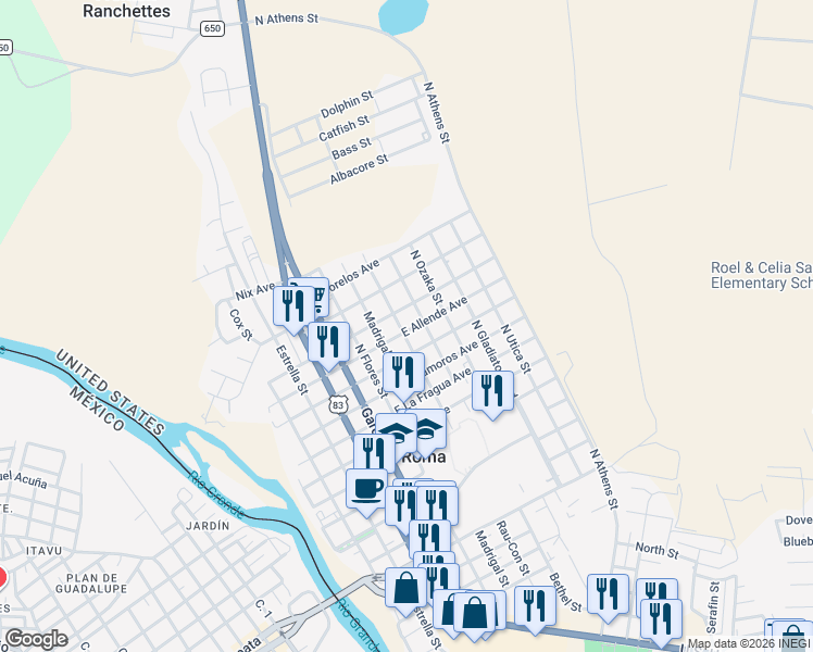 map of restaurants, bars, coffee shops, grocery stores, and more near 401 East Allende Avenue in Roma