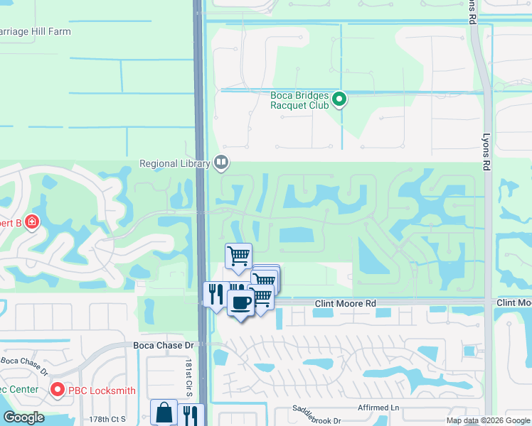 map of restaurants, bars, coffee shops, grocery stores, and more near 17529 Middlebrook Way in Boca Raton