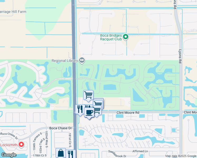 map of restaurants, bars, coffee shops, grocery stores, and more near 17529 Middlebrook Way in Boca Raton
