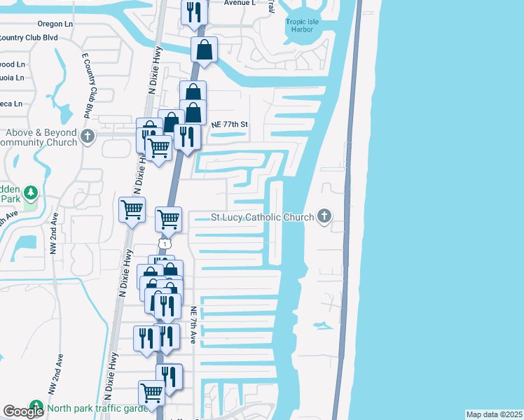 map of restaurants, bars, coffee shops, grocery stores, and more near 852 Northeast 72nd Street in Boca Raton