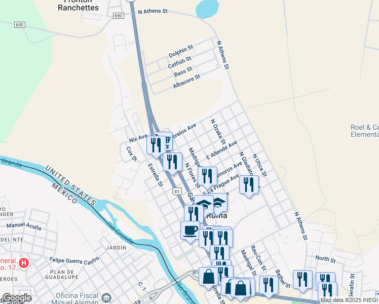 map of restaurants, bars, coffee shops, grocery stores, and more near 1503 Madrigal Street in Roma
