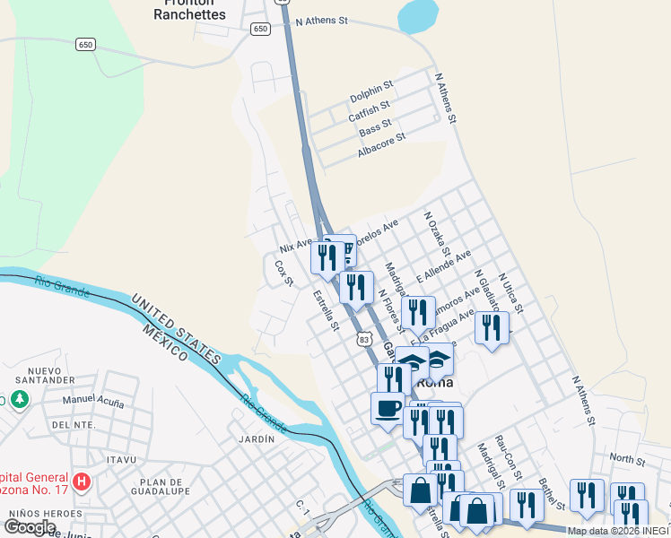 map of restaurants, bars, coffee shops, grocery stores, and more near 1671 North Grant Street in Roma