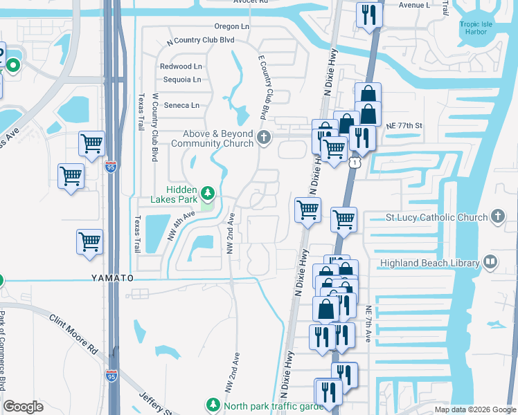 map of restaurants, bars, coffee shops, grocery stores, and more near 65 Northwest 72nd Diagonal in Boca Raton