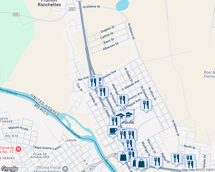 map of restaurants, bars, coffee shops, grocery stores, and more near 1503 Madrigal Street in Roma