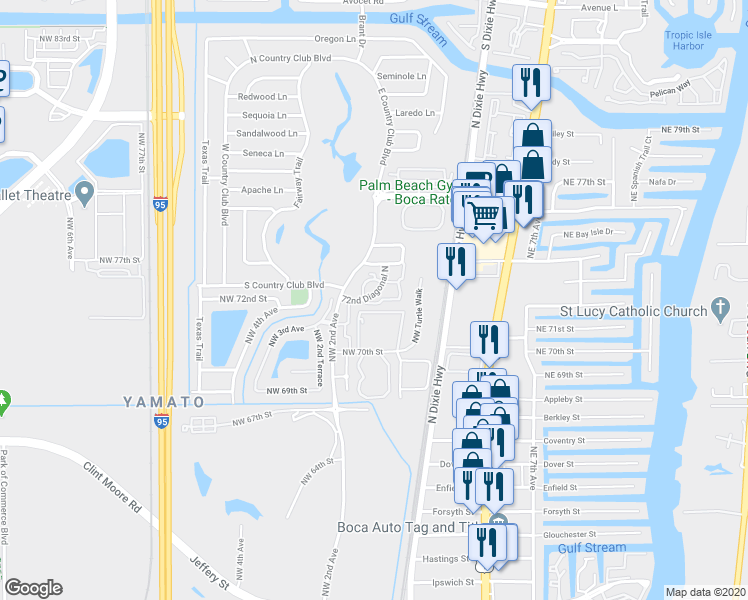 map of restaurants, bars, coffee shops, grocery stores, and more near 65 Northwest 72nd Diagonal in Boca Raton
