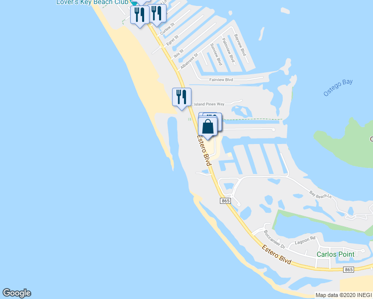 map of restaurants, bars, coffee shops, grocery stores, and more near 7150 Estero Boulevard in Fort Myers Beach