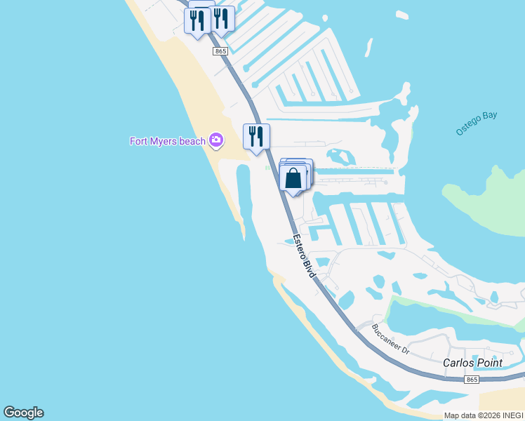 map of restaurants, bars, coffee shops, grocery stores, and more near 7150 Estero Boulevard in Fort Myers Beach
