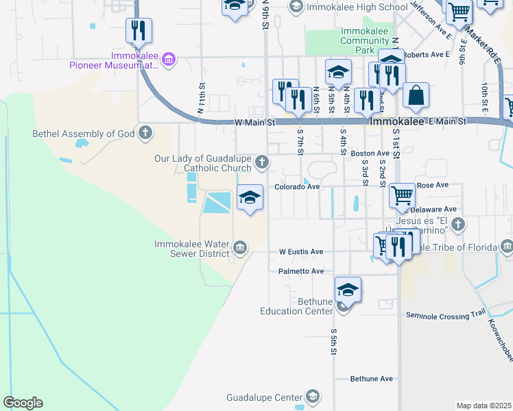 map of restaurants, bars, coffee shops, grocery stores, and more near 313 South 9th Street in Immokalee