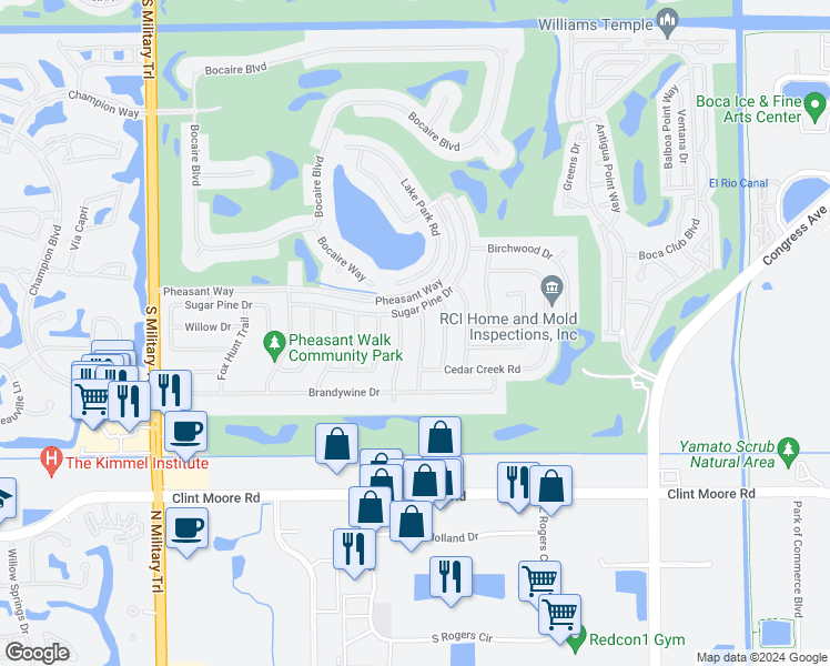 map of restaurants, bars, coffee shops, grocery stores, and more near 17717 Briar Patch Trail in Boca Raton
